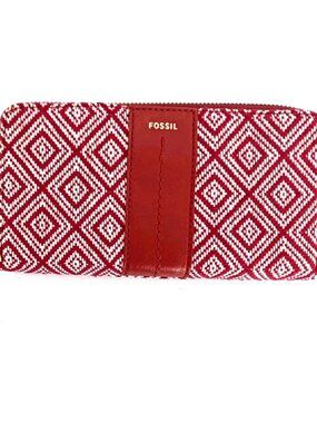 Fossil Jori Zip Clutch Wristlet Wallet Leather+Fabric Red +Tan 8 inchesx4.5 in